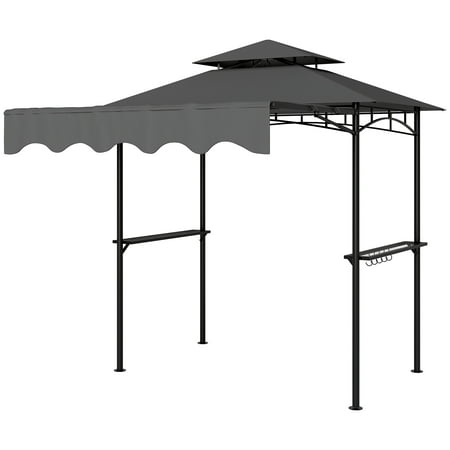 SSLZ 8' x 7.6' Outdoor Grill Gazebo, Barbecue Gazebo Shelter with Side Awning, 2 Side Shelves and 6 Hooks, Dark Gray