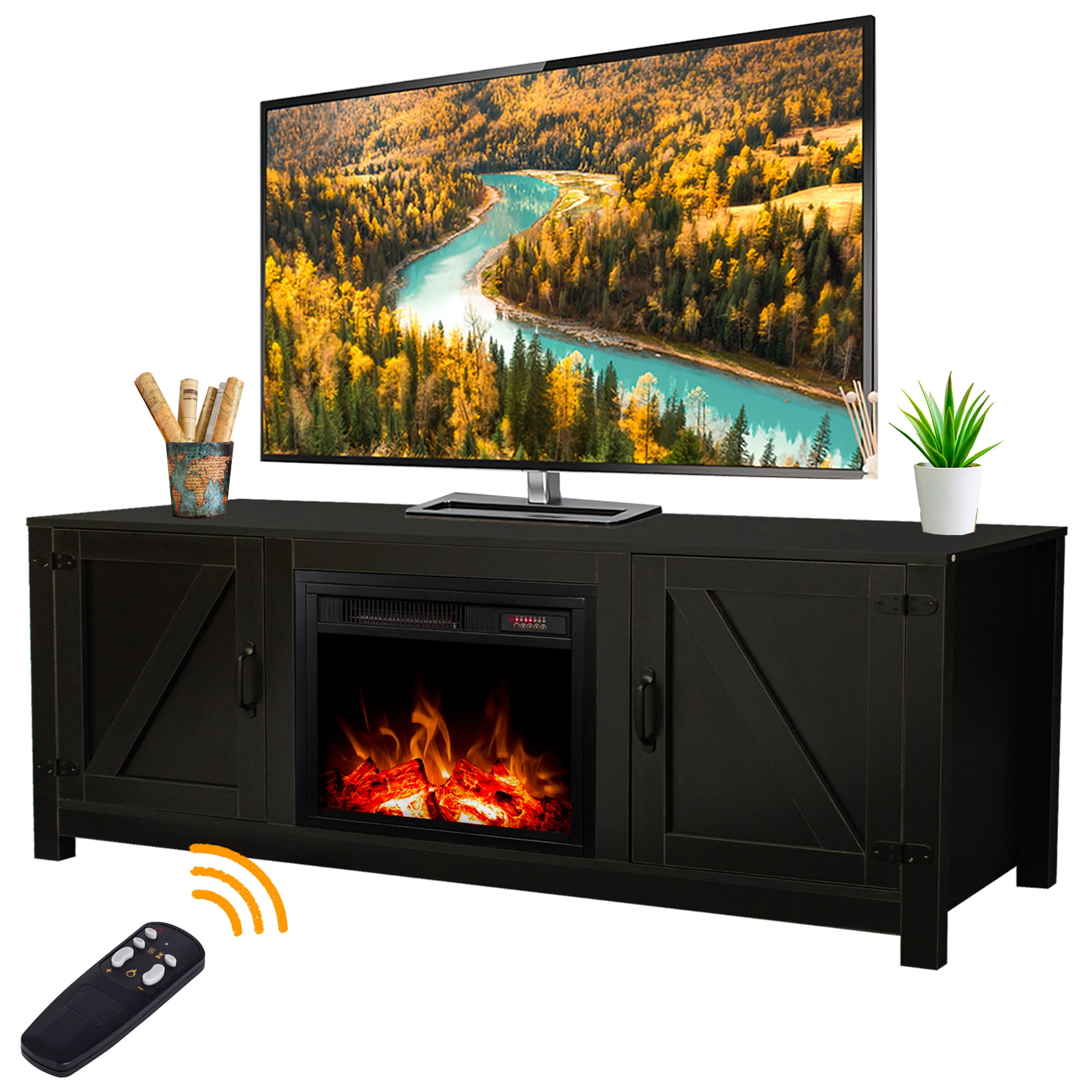 TV Stand with Fireplace, Wood Electric Fireplace TV Stand with Remote