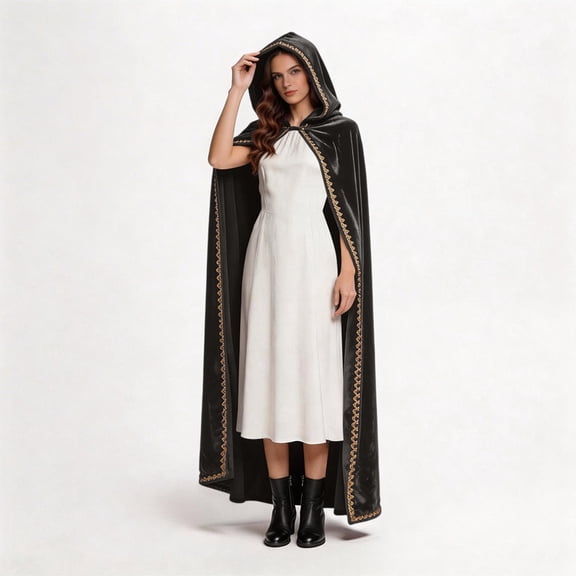 Anmrize Women's Hooded Velvet Cape, Medieval Renaissance Cloak, Gold Trim Halloween Costume, Medieval Cloak With Hood Wizard Cloak Halloween Renaissance Hooded Cape for Man and Women, Black L