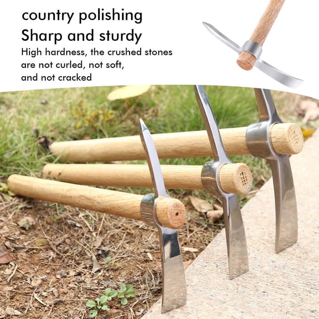 Stainless Steel Double Headed Pickaxe, Wooden Handle 2-in-1 Garden Hand Axe Mattock Digging Tool
