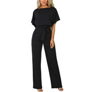 Coloody Women's Short Sleeve Loose Jumpsuit Solid Casual Romper Plus Size One-Piece Scoop Neck Overall Wide Leg Playsuit