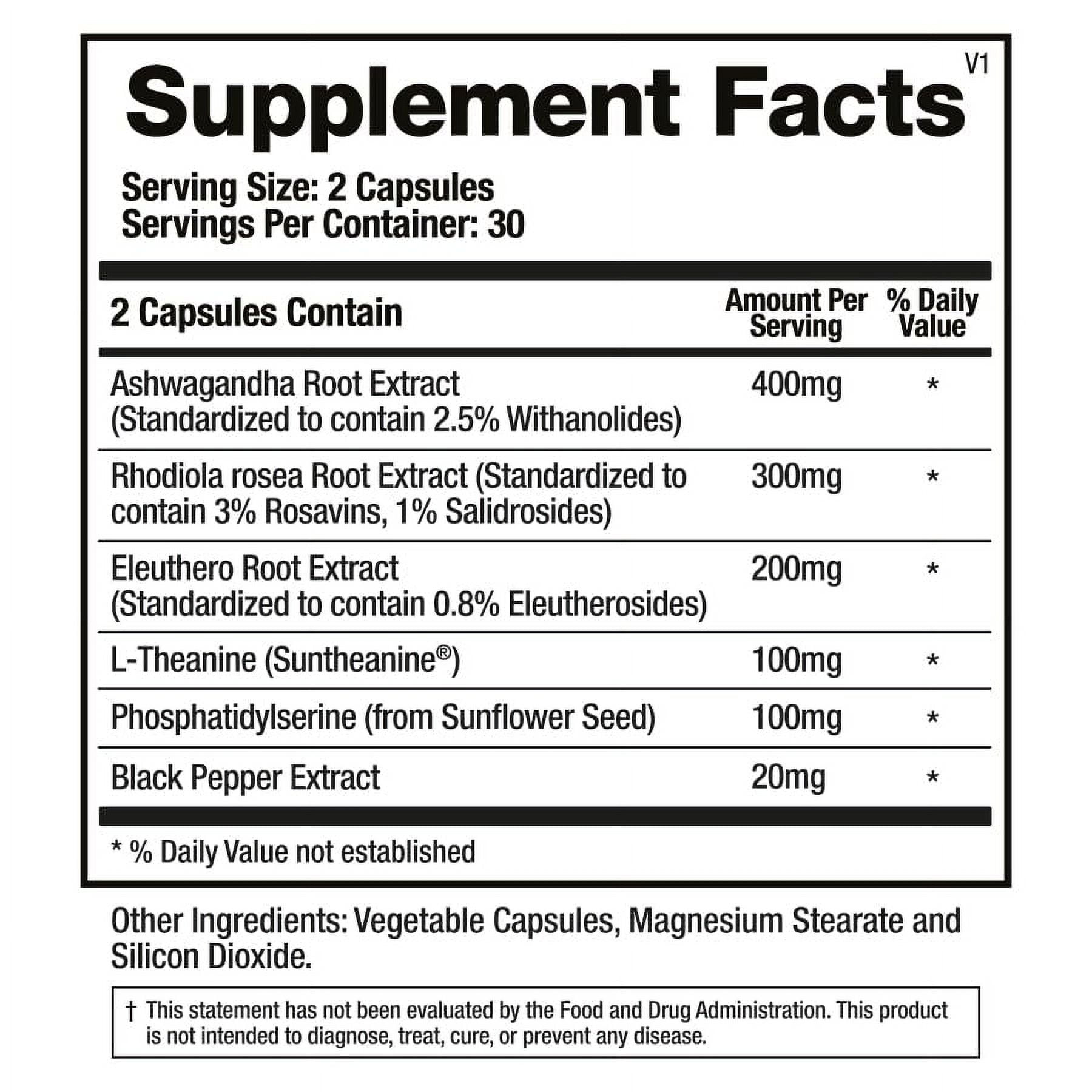 Adaptogen Supplement w/ Ashwagandha, L-Theanine, Rhodiola, Ginseng | Cortisol Support, Stress Relief, Focus, Mood | 60 Capsules