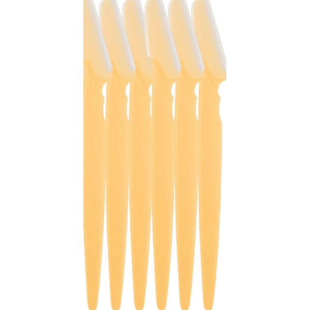 6-Pack Eyebrow Razors for Women, featuring stainless steel blades with safety nets for gentle and precise hair removal. These multi-functional facial razors are suitable for eyebrows, sideburns, underarms, and other facial areas. The image shows six razors with yellow handles and protective caps, arranged vertically.