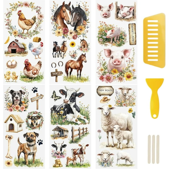 6PCS Animal Rub On Transfer Sticker, Farmhouse Flower&Animal Shed Decal for Home Party Present Packaging DIY Scrapbooking Albums Windows Furniture,15 * 30cm
