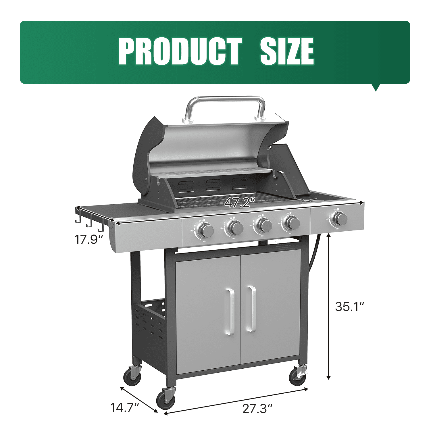 Clouddwell 4 Burner Gas Propane Grill, with 4 Casters, Side Table, and Thermometer, Patio Garden BBQ Grill Perfect for Camping, Silver