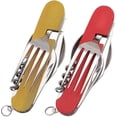 thumbnail image 1 of Juego de cubiertos plegables para acampar, de acero inoxidable, portátil, 6 en 1, multiherramientas, 2 piezas, amarillo y rojo, 1 of 5