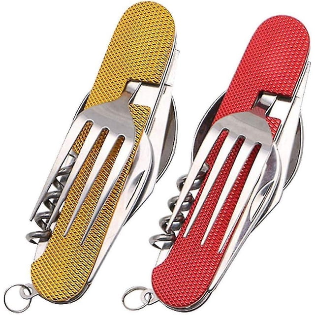 Juego de cubiertos plegables para acampar, de acero inoxidable, portátil, 6 en 1, multiherramientas, 2 piezas, amarillo y rojo