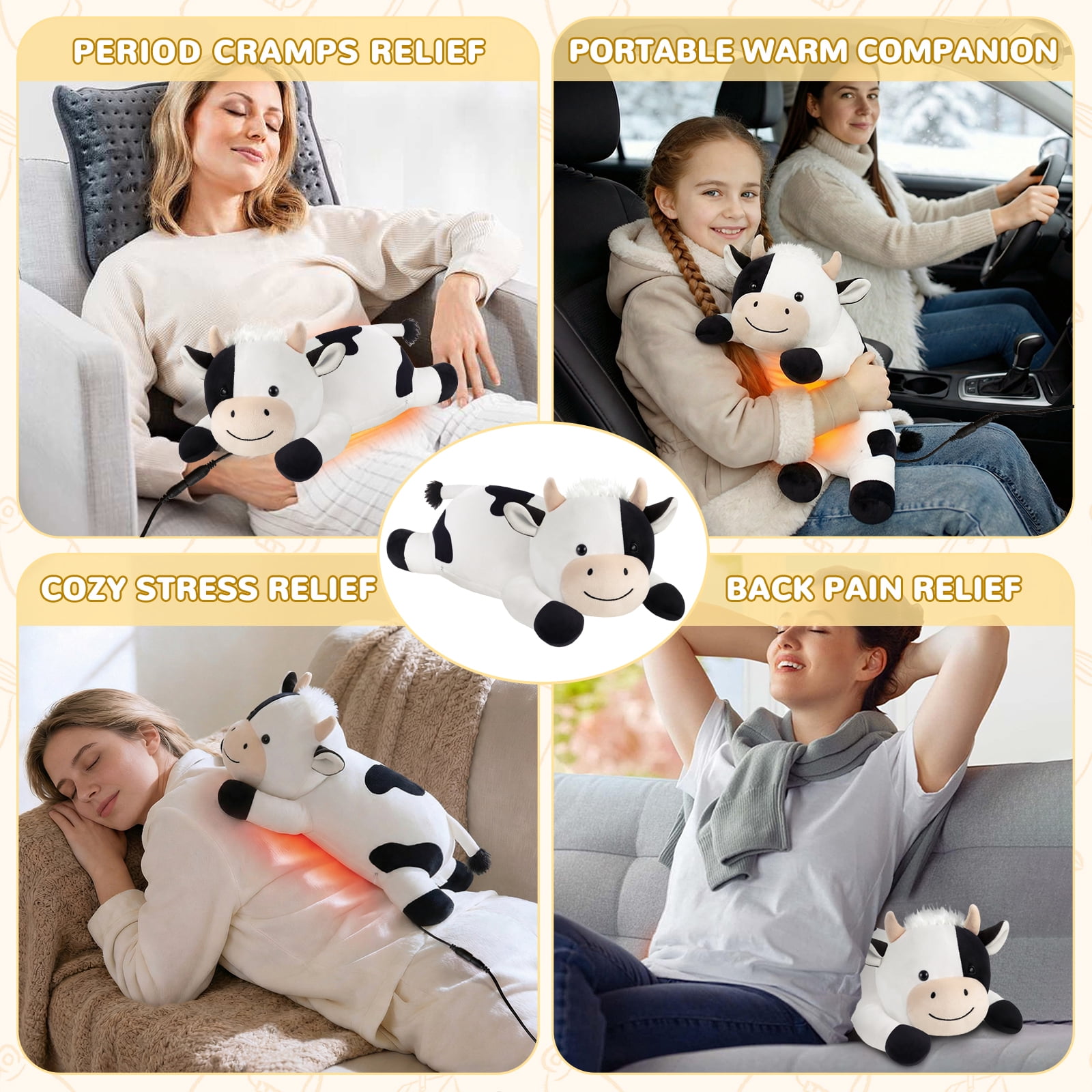 Cow Heating Pad for Period Cramps Menstrual Pain Relief, Portable Electric Heat Pads USB Powered, Cute Stuff Cow Plush Heated Stuffed Animals Gift, Gifts for Women Teen Girls Birthday Christmas