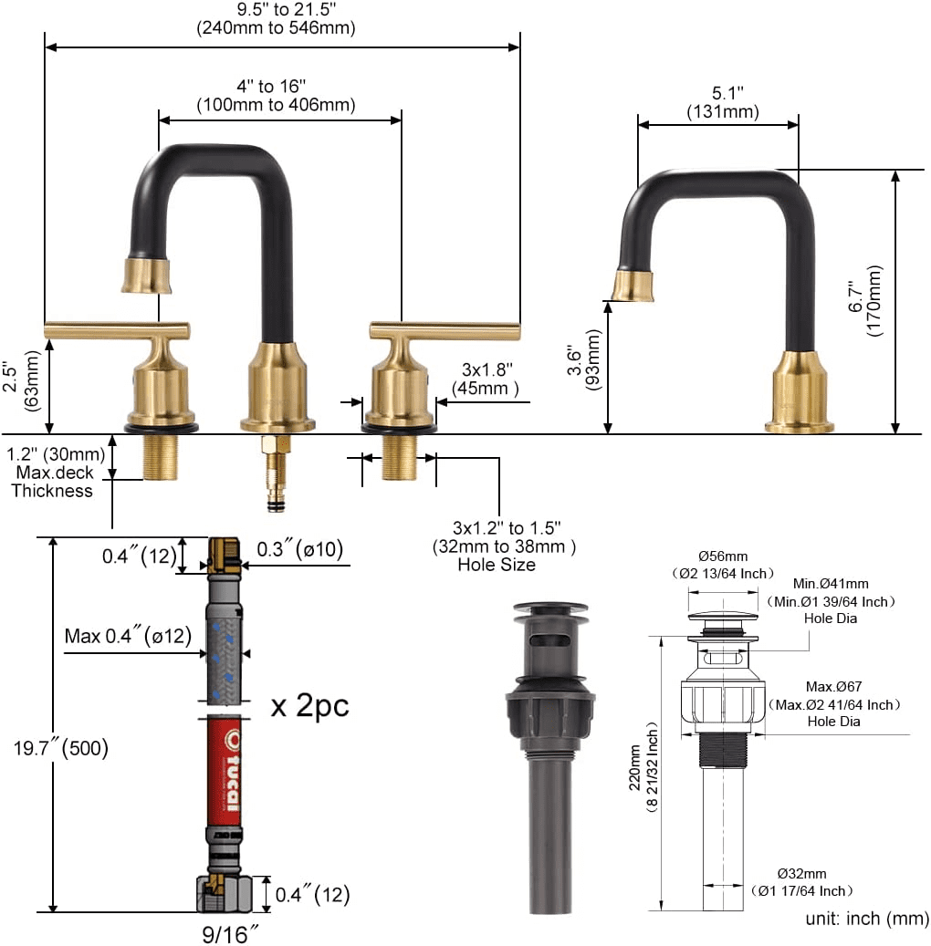 WOWOW Widespread Bathroom Faucet 3 Hole Bathroom Sink Faucet 2 Handle Vanity Faucet 8 Inch with Pop-Up Drain Black and Gold