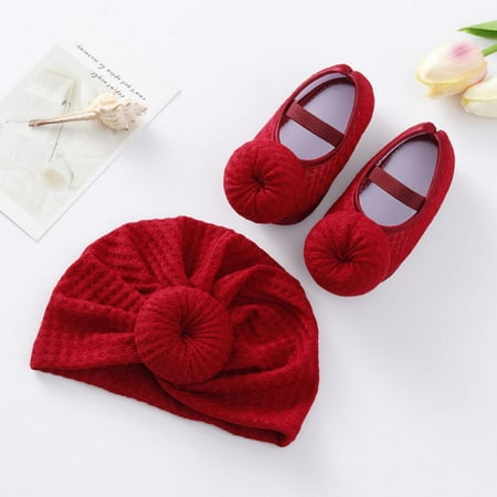 

Newborn Baby Girls Mary Jane Flats Bowknot Infant Toddler First Walkers Soft Sole Non-Slip Romper Princess Dress Walking Shoes with Hat