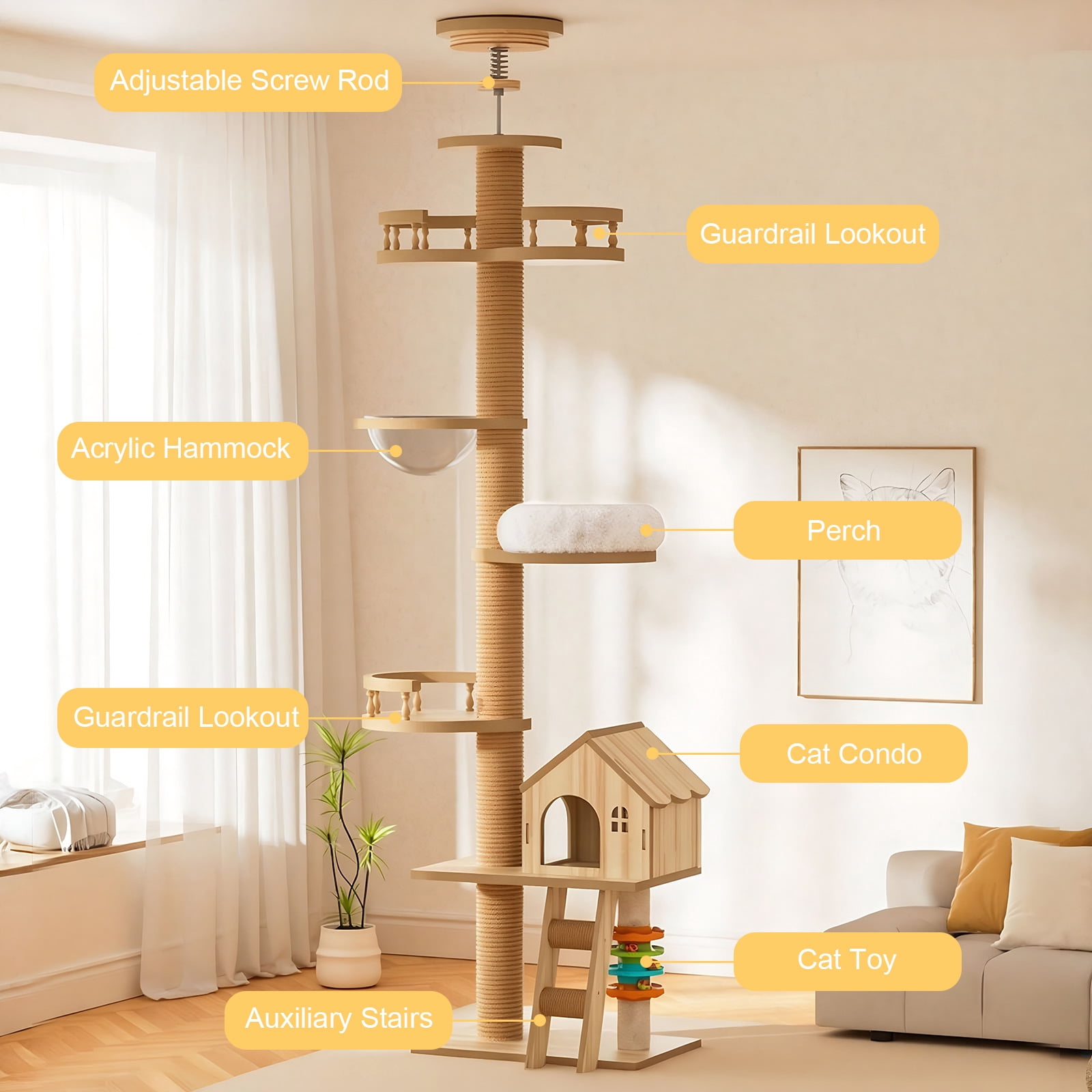 Floor to Ceiling Cat Tree, Adjustable 98-110", Condo Cave Bed, Scratching Post, Modern Design