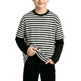thumbnail image 4 of WDWYY Boys Striped Long Sleeve T Shirt Loose Fit Soft Stretchy Crew Neck Fake Two Piece Casual Tee Black 7-8Y, 4 of 8