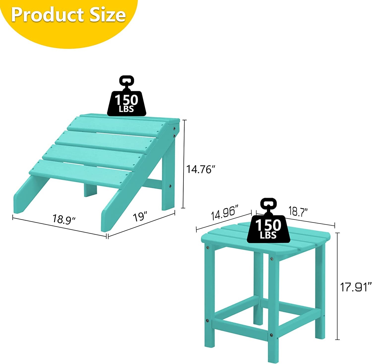 FHFO Adirondack Ottoman and Side Table for Adirondack Chairs, 2 Pieces Outdoor Adirondack Footrest & 1 Piece End Table, Weather Resistant Footstool Table for Adirondack Chair （Lake Blue） - image 5 of 5
