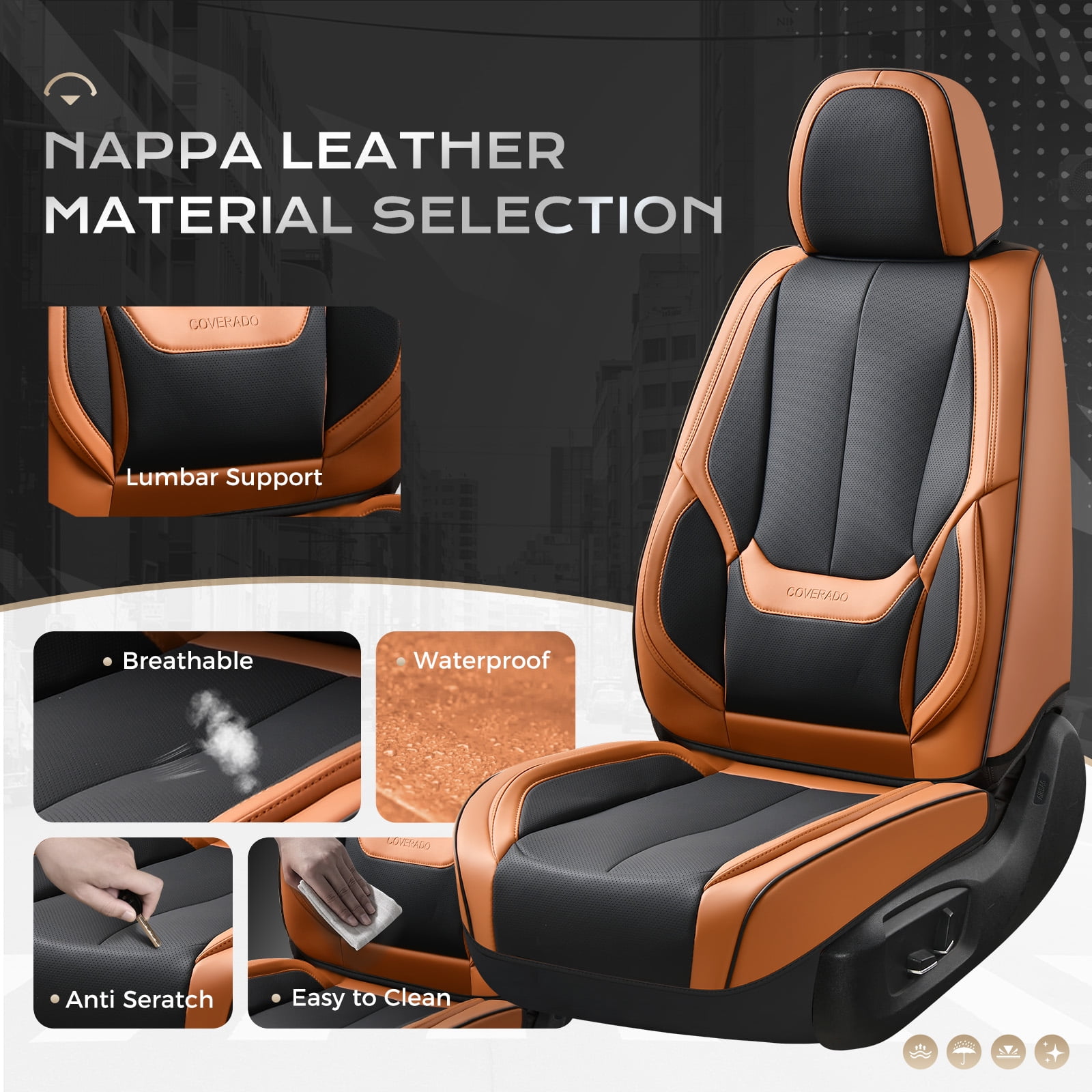 Coverado Black&Brown Car Seat Covers Full Set, Waterproof Premium Leather Front and Back Seat Protectors, Luxury Auto Interior Accessories, Universal Fit Most Cars Sedan SUVs Pick-up Trucks