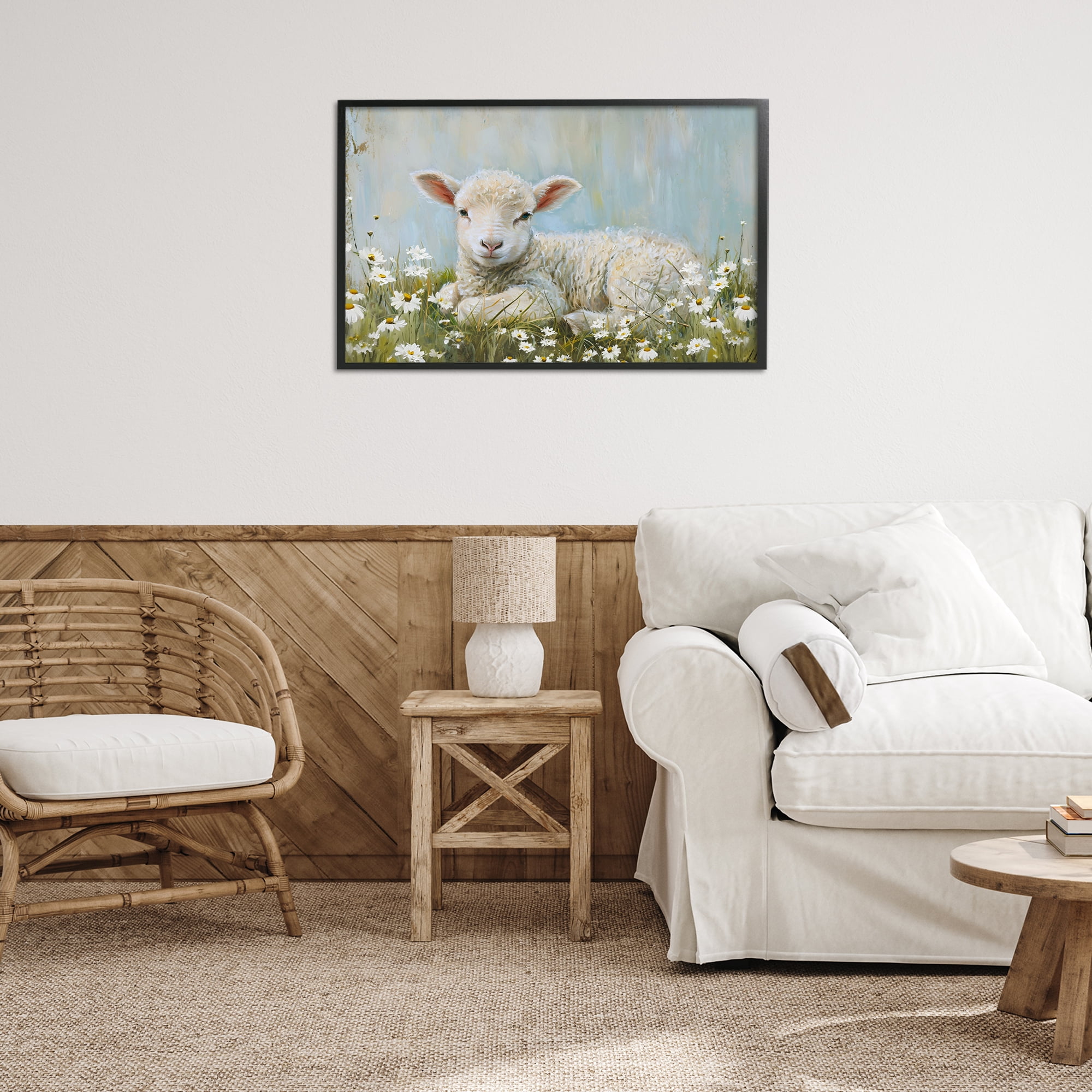 Stupell Industries Lamb Resting in Meadow Animals & Insects Painting Black Framed Art Print Wall Art, 30 x 20