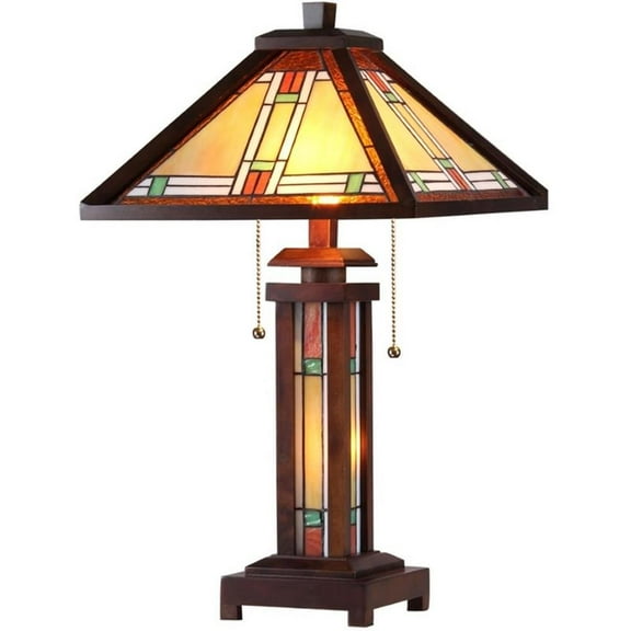 Pemberly Row Tiffany 3 Light Mission Double Lit Wooden Table Lamp 15" Shade