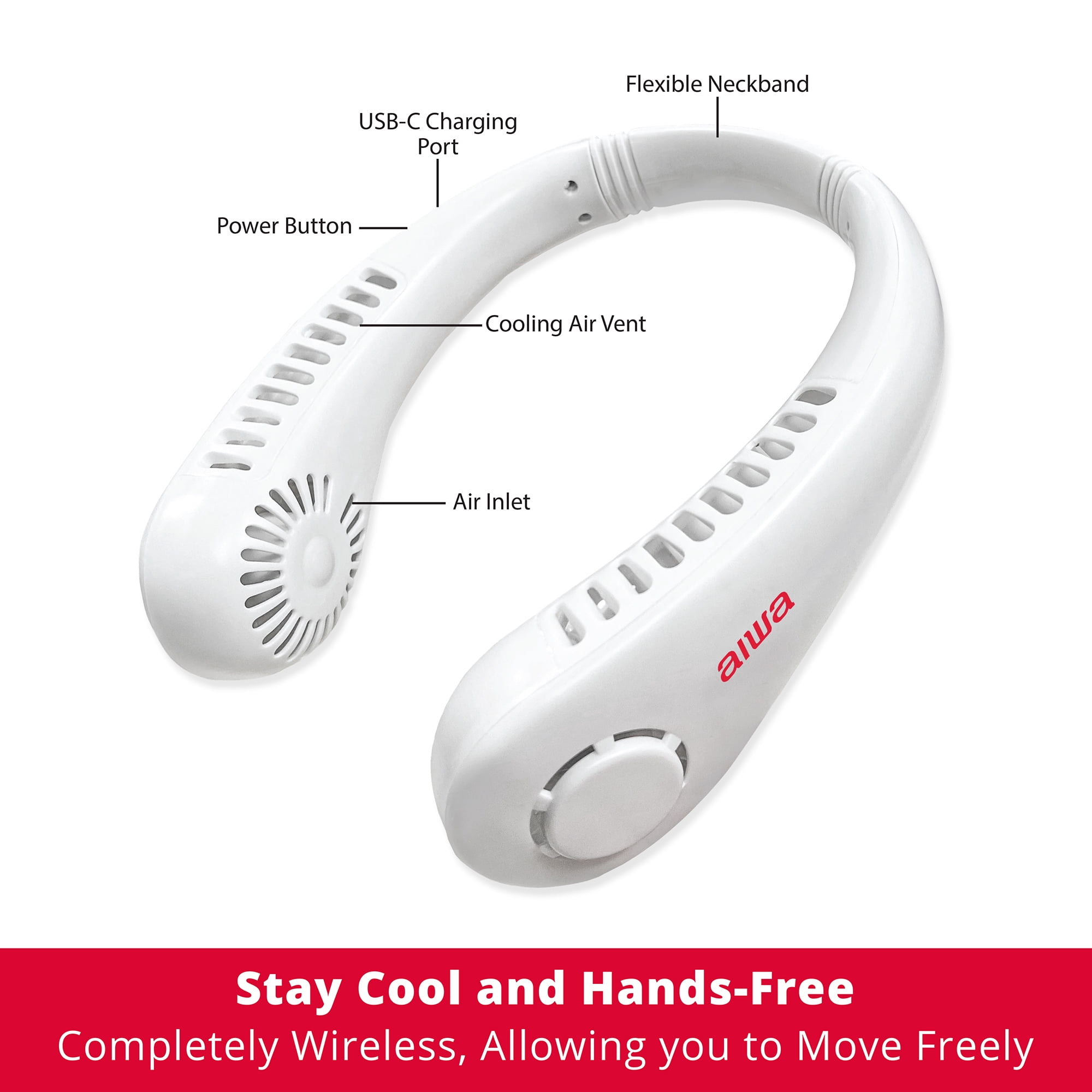 Aiwa Rechargeable Neck Fan, 2 Pack Wearable Portable Fan with 3 Speeds, USB-C Charging, Flexible Neckband, Lightweight Hands-Free Cooling, White