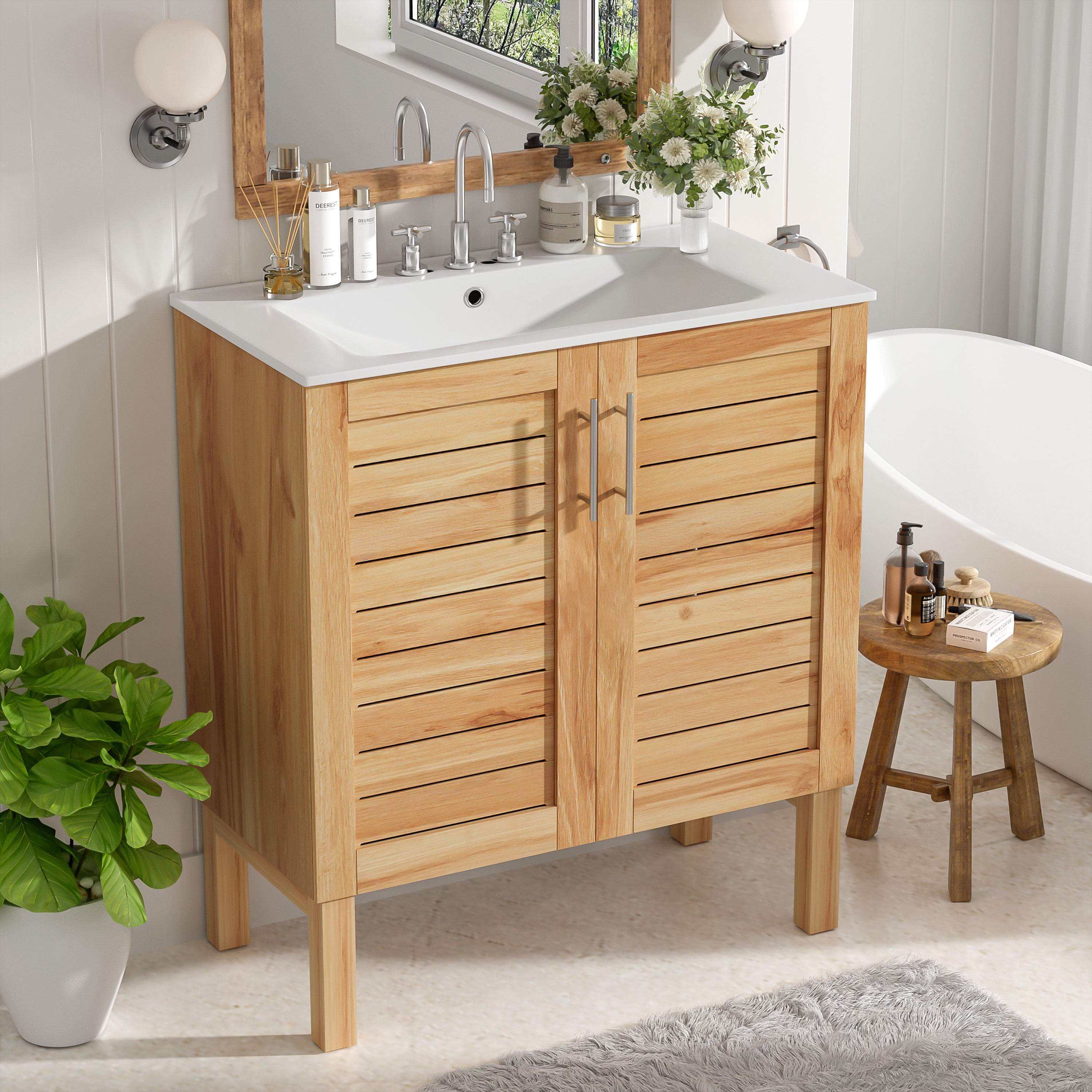 Euroco 30" Mid-Century Modern Antique Bathroom Vanity with Ceramic Sink,Natural Brown