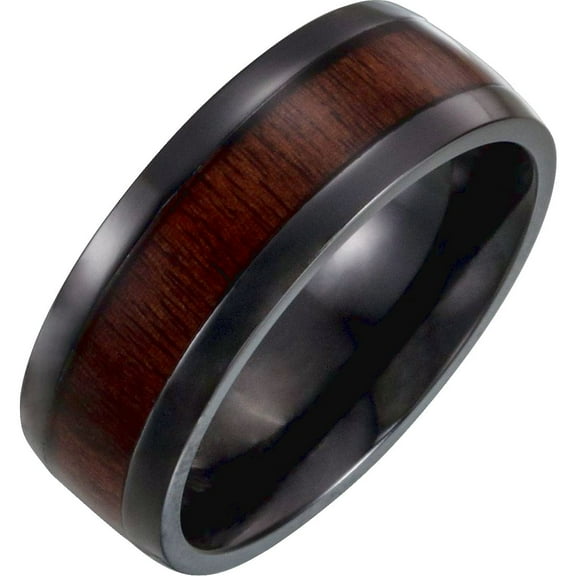 Black Titanium Polished Beveled-edge Comfort-fit Band With Ebony Wood Inlay Size 12 Ring for Women and Men