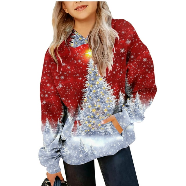 Chandail à Capuchon Doublé en Molleton pour Enfants, Chaud, à Thème de Noël, Coupe Ample, Col Rond pour l'Hiver