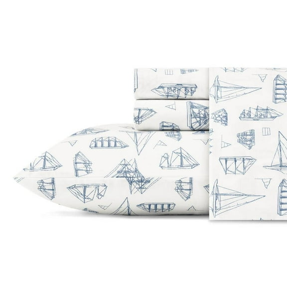 Whitewood Sail 4-Piece Blue Graphic Cotton Queen Sheet Set