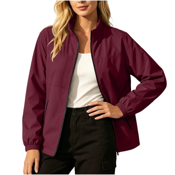 QIYAGBSA Women Lightweight Water Resistant Windbreaker Jacket Stand Collar Zip Up with Pockets Casual Outdoor Wear (Wine, 2XL)