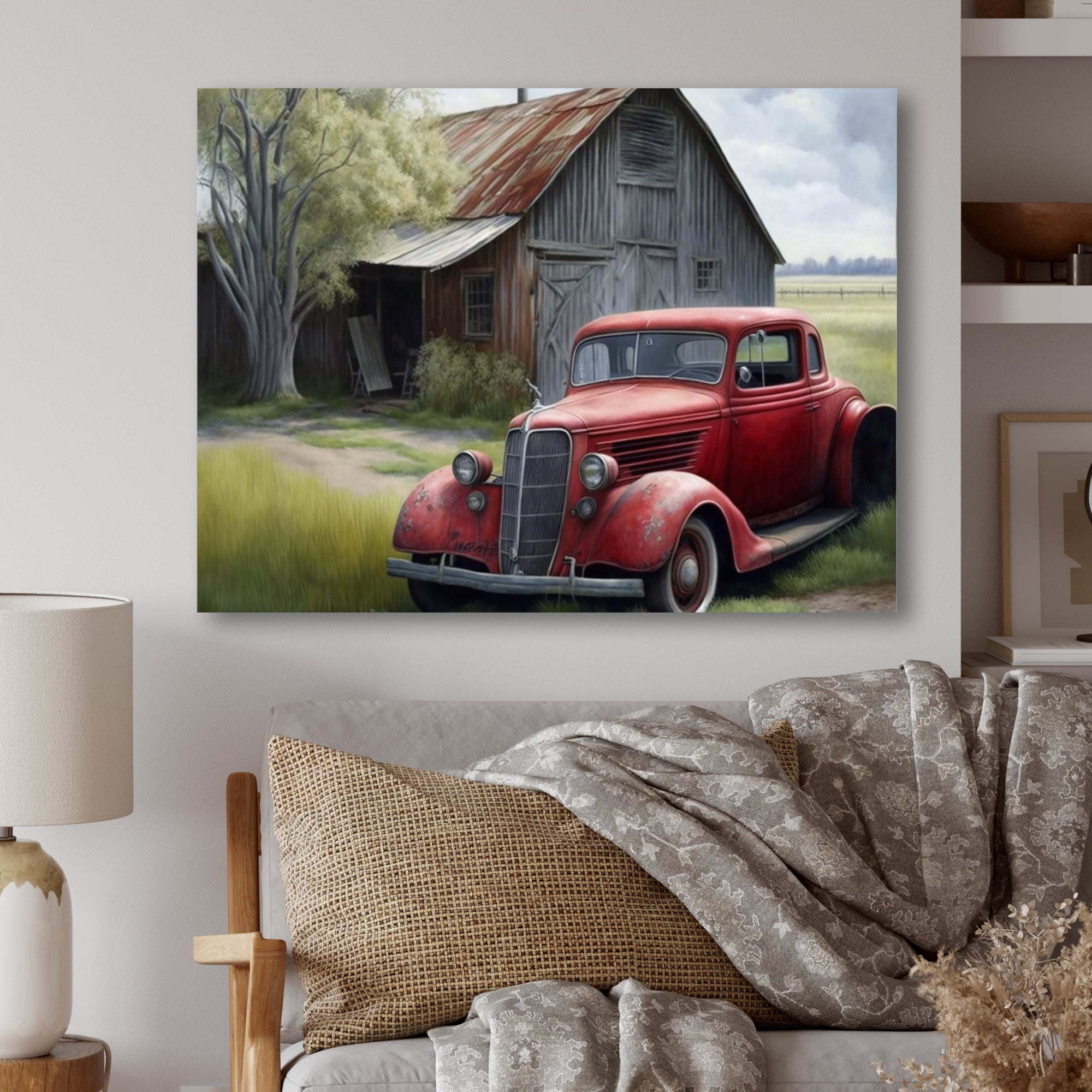 Designart Red Car By Barn Canvas Wall Art