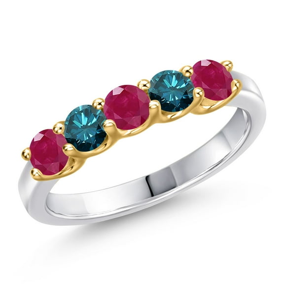 Gem Stone King 925 Silver and 10K Yellow Gold Red Ruby and Blue Diamond Wedding-Bands Ring for Women | 1.05 Cttw | Round 3.5MM | Gemstone July Birthstone | Size 8