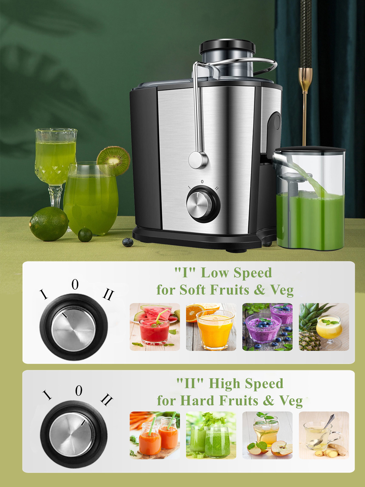 Juilsit Juicer Easy to Clean, 3 " Juice Extractor BPA Free Compact Fruits & Vegetables Juicer, Dual Speed Centrifugal Juicer with Non-Drip Function, Stainless Steel Juicers - image 3 of 8
