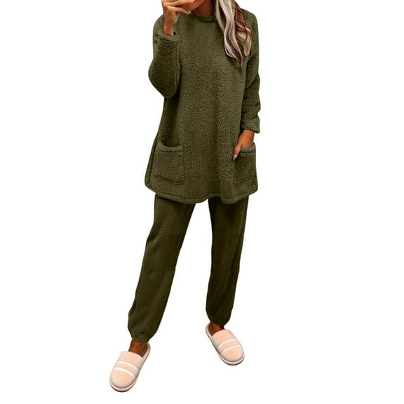 Womens Pajamas, Hugcore Women's Long Sleeve Pajama Set Soft Double Fleece with Pockets Cozy Loungewear for Cold Nights Ladies Pajamas Sets, Green, L