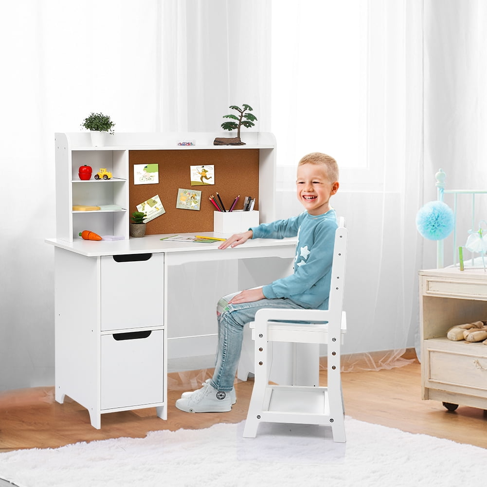 Yesurprise Wooden Study Desk and Chair for Kids White Student Learning Table with Bookshelf Storage for Boys and Girls, 3-8 Y