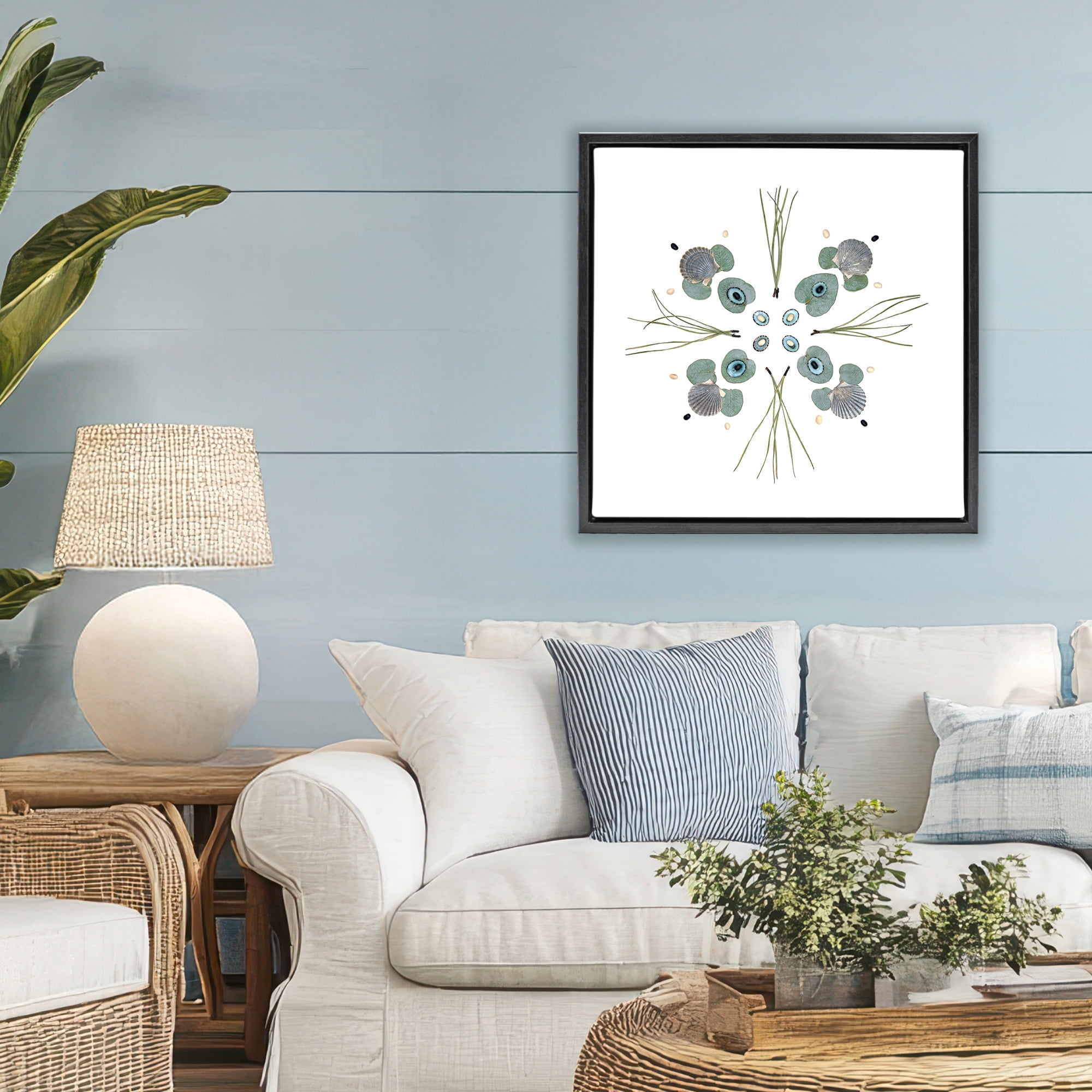 Stupell Industries Seashell & Leaf Symmetry Black Framed Floater Canvas Wall Art, design by Beth Adoette