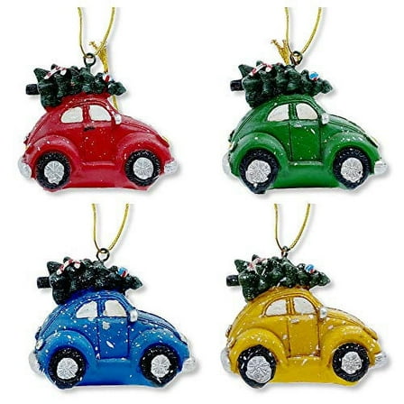 Cars with Tree on Roof Set of 4 Christmas Ornaments