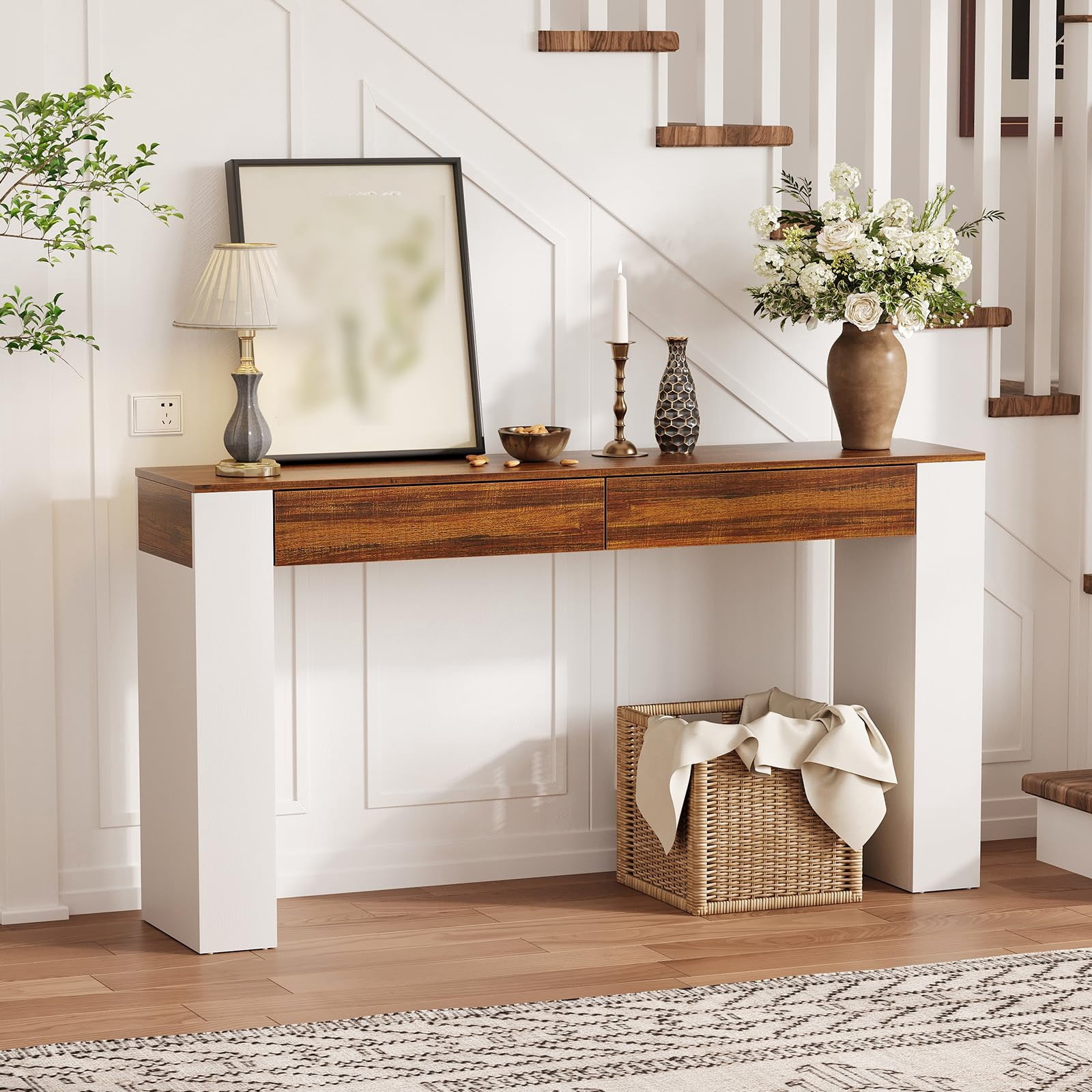 63" Long Console Table with Storage, Wooden Entryway Table with 2 Drawers, Modern Farmhouse Entryway Furniture for Hallway, Foyer, Living Room