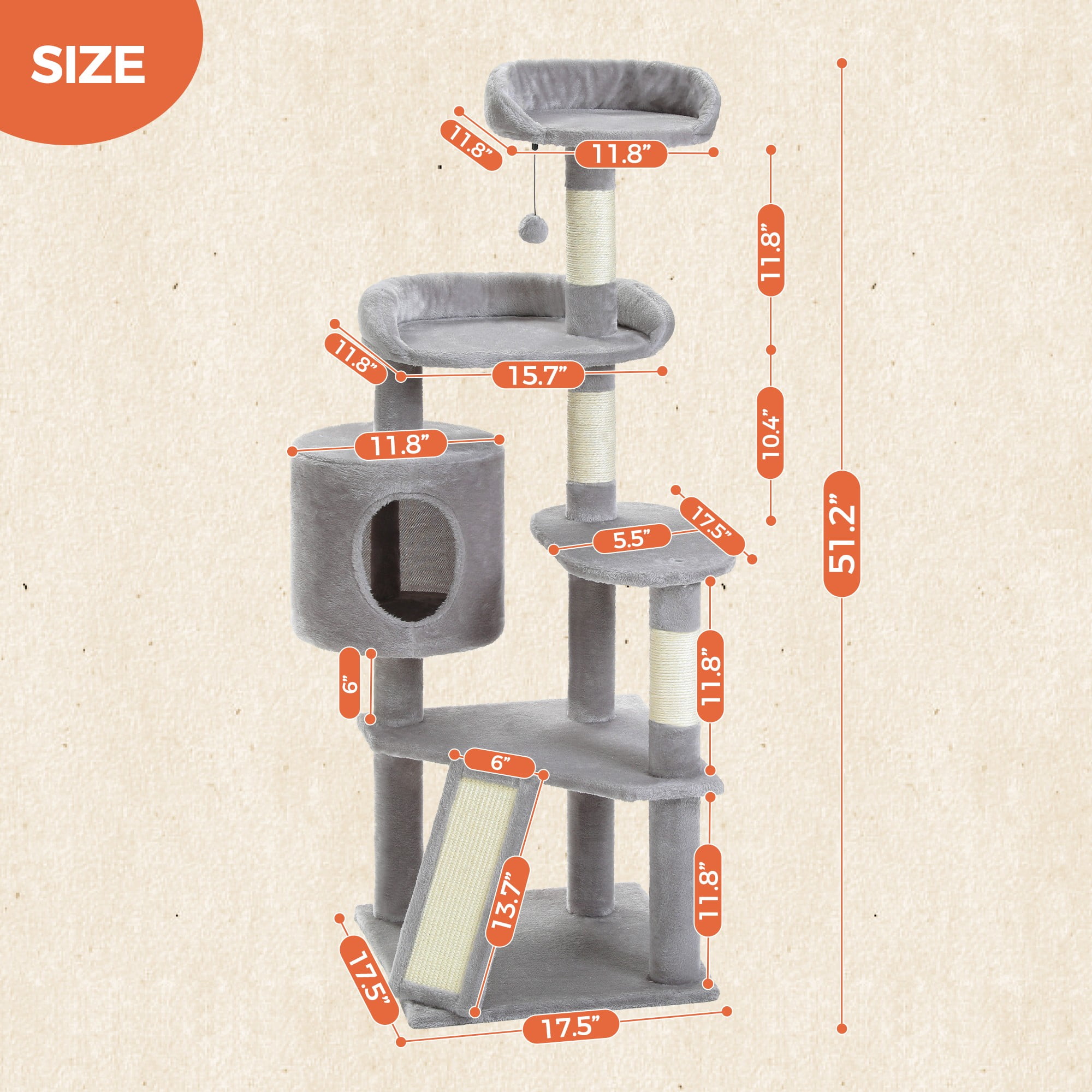 Kadyn 51" Cat Tree Tower for Indoor Cats with Scratching Board, 2 Perches, Multi-Level Cat Condo Furniture for Small and Medium Kittens, Gray