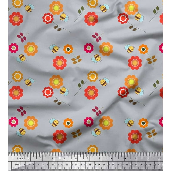 Soimoi Cotton Poplin Fabric Floral & Honey Bee Kids Printed Craft Fabric by The Yard 42 Inch Wide