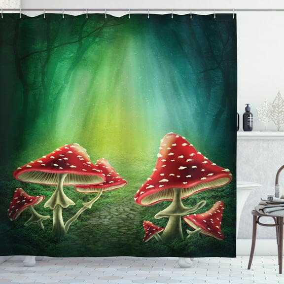 Ambesonne Mushroom Shower Curtain, Woods on Dark Green Back, 69"Wx75"L, Multicolor