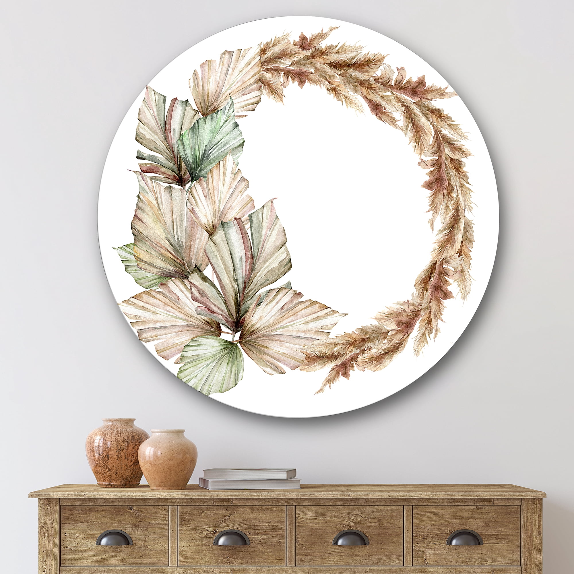 Designart 'Dry Palm Leaves and Pampas Grass With Wreath' Traditional Circle Metal Wall Art 29x29 - Disc of 29