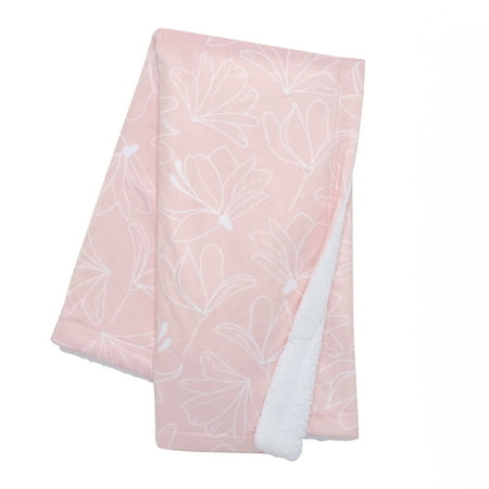 Lambs & Ivy Petals Pink/White Floral Fleece Faux Shearling Soft Baby Blanket