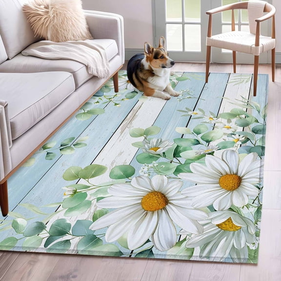 Daisy Spring Floral Area Rugs 2.7'x5', Washable Small Throw Rugs for Kitchen Bedroom, Eucalyptus Leaves Watercolor Wooden Indoor Outdoor Rug Non-Slip Low Pile Carpet Runner Reversible Floor Mats