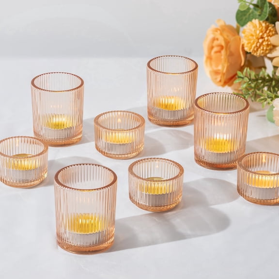 Glasseam Set of 8 Glass Votive Tealight Candle Holder: Small Amber Tea Light Holders Decorative Ribbed Tea Lights Holder for Table Centerpiece Wedding Christmas Dining Room Mantle Decor