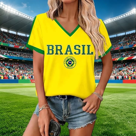 Women's Brazil V-Neck T-Shirt with "BRASIL" Text & Rio de Janeiro Logo – Yellow and Green Patriotic Top for Football Matches, Soccer Games & Casual Wear – Comfortable Summer Tee (S-XXXXXL)
