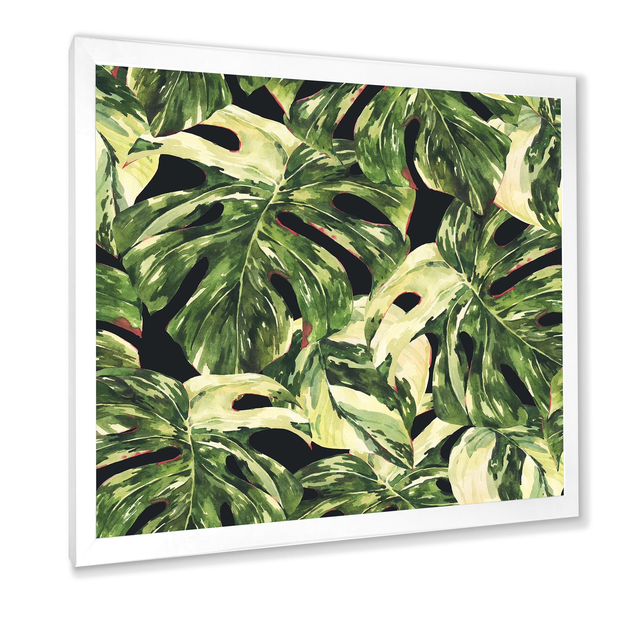 Designart 'Natural Green Leaves Exotic On Dark II' Tropical Framed Art Print