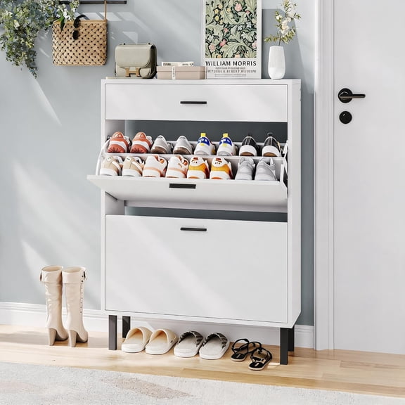Slim Shoe Storage Cabinet, Flip-Down Doors with 3 Drawers, Freestanding Entryway Organizer, White