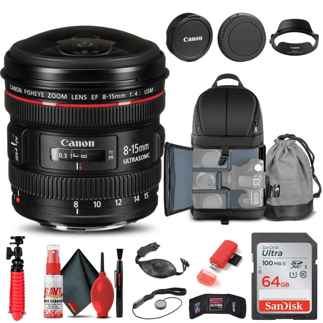 Canon EF 8-15mm F/4L Fisheye USM Lens (4427B002) + BackPack + 64GB Card + More(International Model)