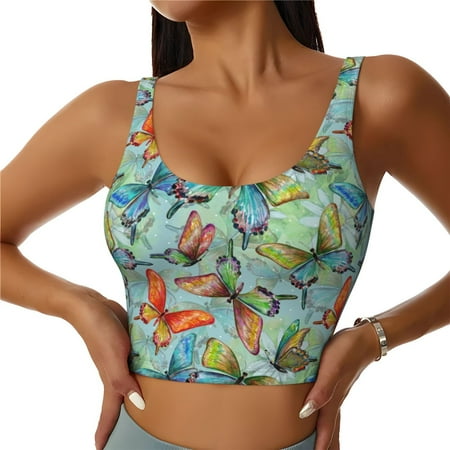 Jgfou Retro Flying Butterflies Print Womens Sports Bra - Padded Workout Sports Bras Crop Tank Top