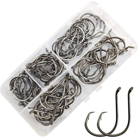 Woeilo 100PCS 2X Strong Sports Circle Hooks 100PCS Assortment Saltwater Fishing Hooks EP-7385 Fishing Circle Hooks 2X Strong Offset Octopus Catfish Fishing Hooks 100PCS #1/0-#5/0 Coll