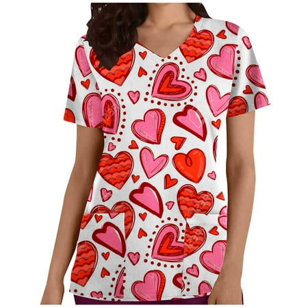 

CYMMPU Women s V-Neck Pocketed Scrub_Tops Nurse Workwear Uniform Clearance Going out Tops Summer Tees Short Sleeve Shirts Trendy Valentine s Day Tunic Love Heart Printing Fashion Tshirts Hot Pink L