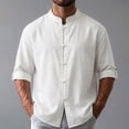 thumbnail image 2 of UVEASISHA Linen Shirts for Men Roll Up Long Sleeve Beach Shirt Stand Collar Casual Chinese Frog Button Shirts Solid Color Vacation Wear White XL, 2 of 8
