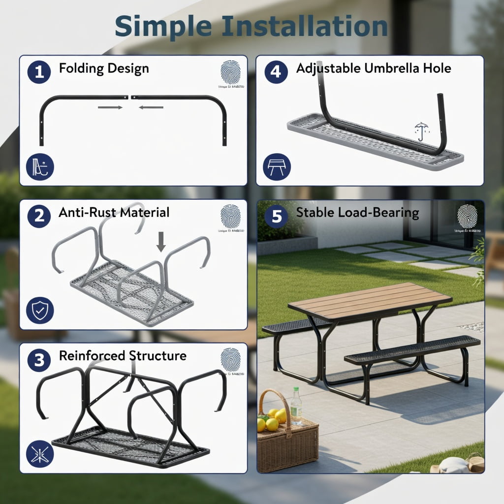 Hommoo Heavy-Duty HDPE Outdoor Picnic Table & Bench Set, Weather-Resistant, Stain-Proof, Black